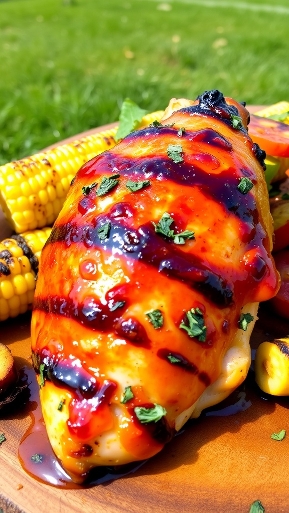 Grilled chicken breast with barbecue glaze and fresh herbs on a rustic platter, served with grilled vegetables.